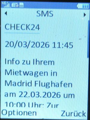 Budget® Spanien, SMS von CHECK24 im M&auml;rz 2026 auf einem danew KONNECT 42 Mobiltelefon