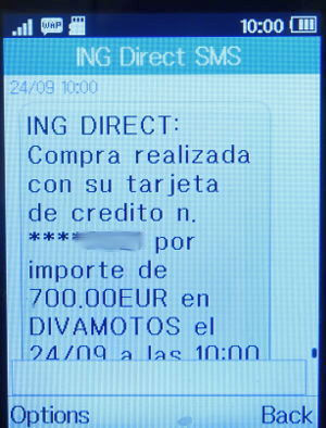 DIVAMOTOS, SMS Zahlungsbestätigung der ING Direct Spanien auf einem Alcatel 2051X
