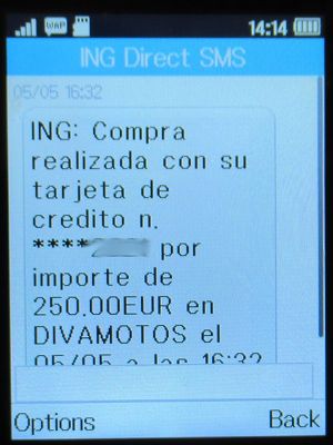 DIVAMOTOS, SMS Zahlungsbestätigung der ING Direct Spanien auf einem Alcatel 2051X