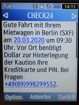 dollar.™, Deutschland, SMS von CHECK24 auf einem Samsung GT–C3590 Mobiltelefon