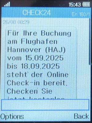 dollar.™, Deutschland, Online Check In Hinweis SMS von CHECK24 auf einem Alcatel 2051X Mobiltelefon