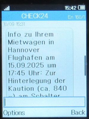 dollar.™, Deutschland, SMS von CHECK24 auf einem Alcatel 2051X Mobiltelefon