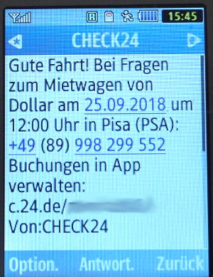 dollar.™, Italien, SMS von CHECK24 auf einem Samsung GT–C3590 Mobiltelefon