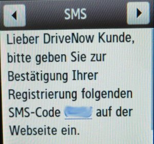DriveNow SMS Code für Bestätigung der Registrierung