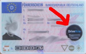 Führerschein, Aufkleber mit DriveNow Aufdruck