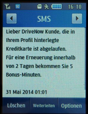 DriveNow, SMS auf einem Samsung GT–S3370 mit der Erinnerung die Kreditkarte zu aktualisieren