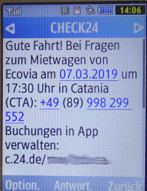 Ecovia Rent, Italien, SMS von CHECK24 auf einem Samsung GT–C3590 Mobiltelefon