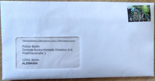 Brief an die Polizei Berlin im Juni 2017 von Spanien aus für 1,15 € Briefporto