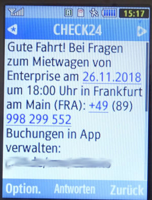 enterprise rent–a–car, SMS 2018 von CHECK24 auf einem Samsung GT–C3590 Mobiltelefon