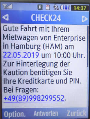 enterprise rent–a–car, SMS 2019 von CHECK24 auf einem Samsung GT–C3590 Mobiltelefon