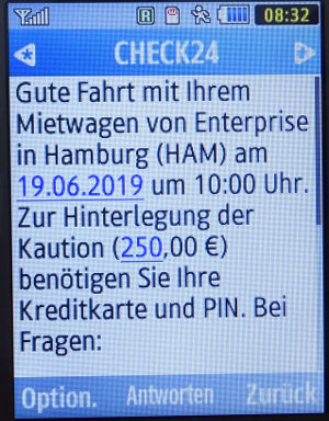 enterprise rent–a–car, SMS 2019 von CHECK24 auf einem Samsung GT–C3590 Mobiltelefon