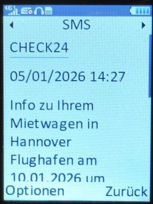Europcar, Deutschland, SMS von CHECK24 auf einem danew KONNECT 42 Mobiltelefon