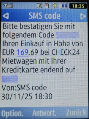 Europcar, Deutschland, SMS von der Advanzia Bank auf einem Samsung GT&ndash;C3590 Mobiltelefon