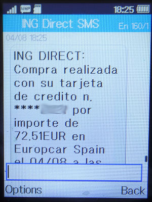 Europcar Portugal, SMS Zahlungsbestätigung der ING Direct Spanien auf einem Alcatel 2051X