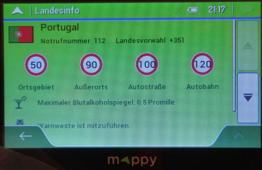 Europcar Portugal, Landesinfo Portugal mappy ulti E538T GPS Auto Navigation