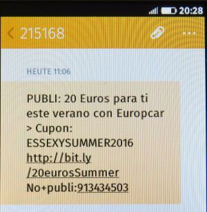 Europcar Privilege Club, SMS auf einem Alcatel ONE TOUCH FREE Smartphone mit Firefox Betriebssystem 1.3.0.0