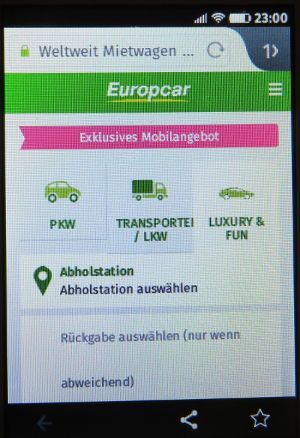 Europcar Privilege Club, Mobile Internetseite auf einem Alcatel ONE TOUCH FREE Smartphone mit Firefox Betriebssystem 1.3.0.0 und Firefox 28.0 Internetbrowser