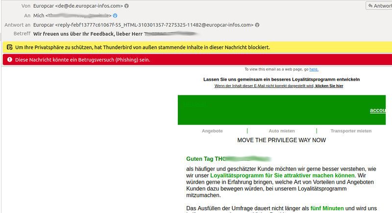 Europcar Privilege Club, Spam e-mail am 25.05.2023