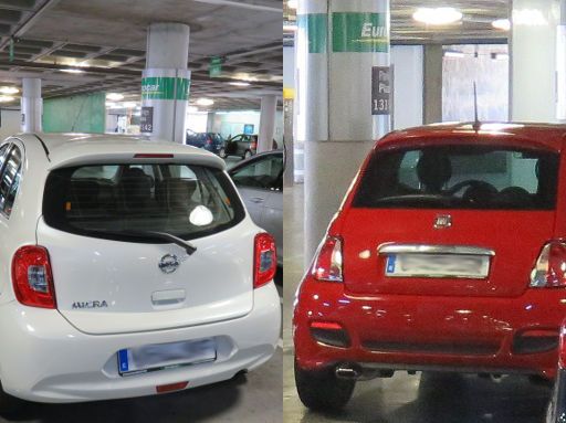 Europcar Spanien, Terminal 4 Parkhaus Madrid Flughafen mit Nissan Micra und FIAT 500