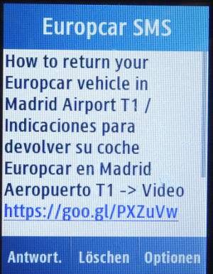 Europcar Spanien, SMS im Oktober 2018 auf einem Samsung GT–C3300K Mobiltelefon mit dem Hinweis Rückgabe Fahrzeug