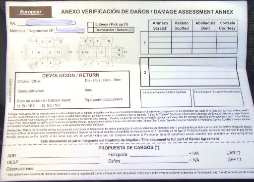 Europcar Spanien, Zusatzformular zur Erfassung von Schäden Anexo verificación de daños