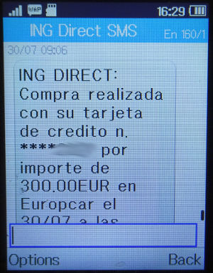 Europcar Spanien, SMS Zahlungsbestätigung der ING Direct Spanien auf einem Alcatel 2051X