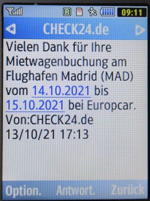 Europcar Spanien, SMS von CHECK24 im Oktober 2021 auf einem Samsung GT–C3300K Mobiltelefon