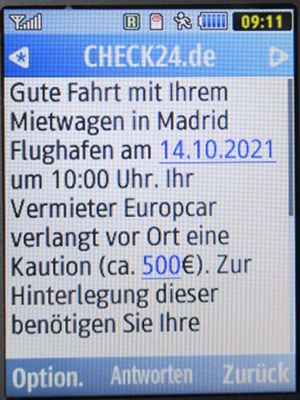 Europcar Spanien, SMS von CHECK24 im Oktober 2021 auf einem Samsung GT–C3300K Mobiltelefon