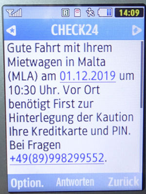 First Car Rental, Malta, SMS von CHECK24 auf einem Samsung GT–C3590 Mobiltelefon