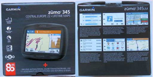 Garmin® zūmo® 345 LM Motorrad und Auto Navigation, Louis 80 Edition Verpackung Vorder– und Rückseite