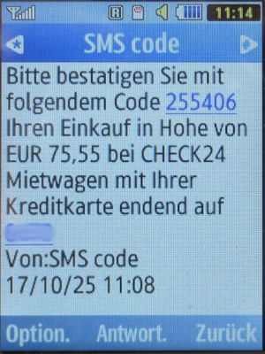 Gobycar Rent a car, Spanien, SMS von der Advanzia Bank auf einem Samsung GT–C3590 Mobiltelefon