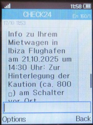Gobycar Rent a car, Spanien, SMS von CHECK24 auf einem Alcatel 2051X Mobiltelefon