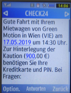 green motion® car and van rental, Österreich, SMS von CHECK24 auf einem Samsung GT–C3590 Mobiltelefon
