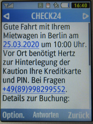 Hertz®, Deutschland, SMS von CHECK24 auf einem Samsung GT–C3590 Mobiltelefon