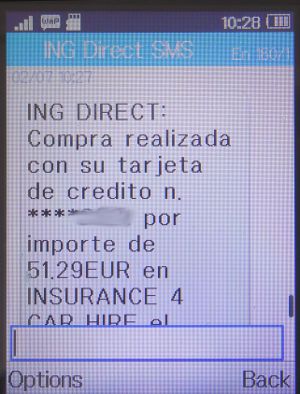 insurance4carhire.com Versicherung Erstattung der Selbstbeteiligung Mietwagen, SMS Zahlungsbestätigung der ING Direct Spanien auf einem Alcatel 2051X