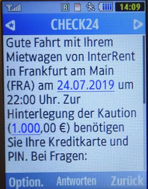 InterRent Deutschland, SMS von CHECK24 im Juli 2019 auf einem Samsung GT–C3590 Mobiltelefon