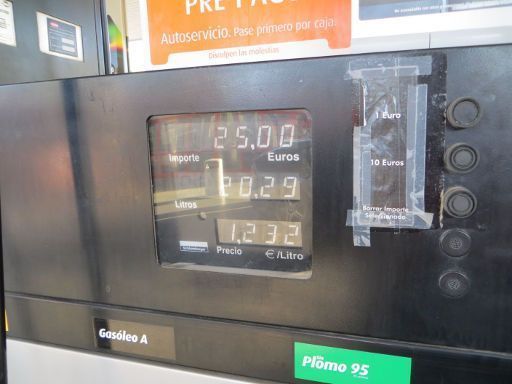 galp Spanien, 20,29 Liter Super 95 Oktan je 1,23 € gesamt 25,– € im August 2015