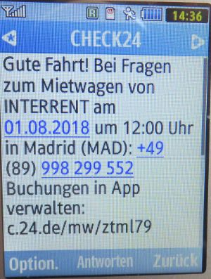 InterRent Spanien, SMS von CHECK24 auf einem Samsung GT–C3590 Mobiltelefon