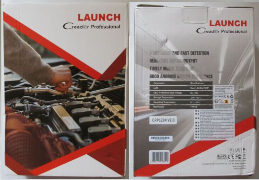 Launch CRP 129X V2.0 OBD 2 Diagnosegerät, Verpackung Ansicht Vorder– und Rückseite