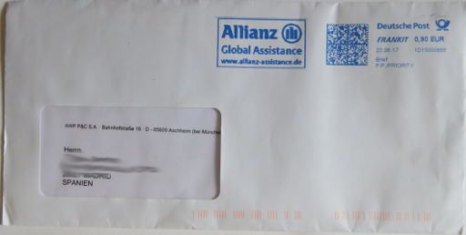 Brief von der Allianz Global Assistance Deutschland nach Spanien im Juni 2017