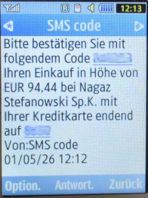 Sicherheitscode MasterCard® Gold der Advanzia Bank auf dem Samsung GT&ndash;C3590 im Mai 2026