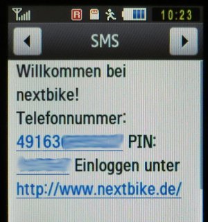 nextbike SMS mit der PIN für das Online Portal