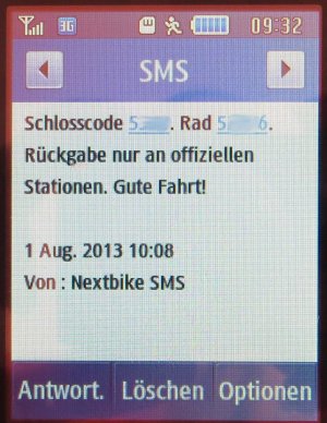 nextbike SMS mit Bestätigung, Schlosscode und Radnummer auf einem Samsung GT–S3370