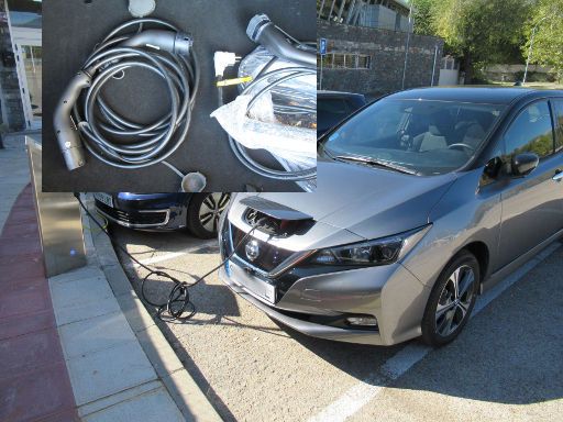 Nissan Leaf 62 kWh, Standardladekabel mit Mennekesstecker Typ 2 an einer Ladestation und Standardladekabel für 230 Volt Steckdose