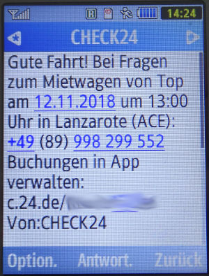 TopCar rent a car Spanien, SMS von CHECK24 auf einem Samsung GT–C3590 Mobiltelefon