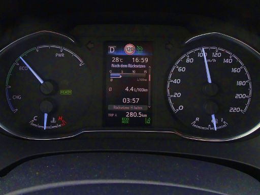 Toyota Yaris Hybrid 1,5 l 74 kW, Hybridsystemanzeige, Kühlmitteltemperaturanzeige, Geschwindigkeitsbegrenzungserkennung, Außentemperatur, Uhr, Bordcomputer, Kilometerzähler, Geschwindigkeitsmesser und Tankinhalt