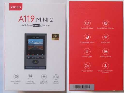 VIOFO A119 MINI 2 Dashcam, Verpackung mit Beschreibung der Kamera
