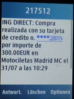 Yamaha Moto–Rent, Motorrad und Motorroller Vermietung, Spanien, ING Direct, Spanien, Info SMS auf einem Samsung GT–C3300K