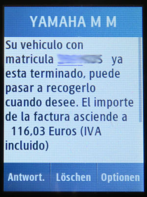 YAMAHA Euroservice, Spanien, SMS Inspektion, Abholung und Preis auf einem Samsung GT-C3300K Mobiltelefon