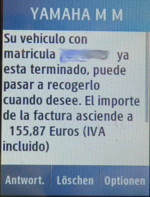 YAMAHA Euroservice, Spanien, SMS Inspektion, Abholung und Preis auf einem Samsung GT-C3300K Mobiltelefon